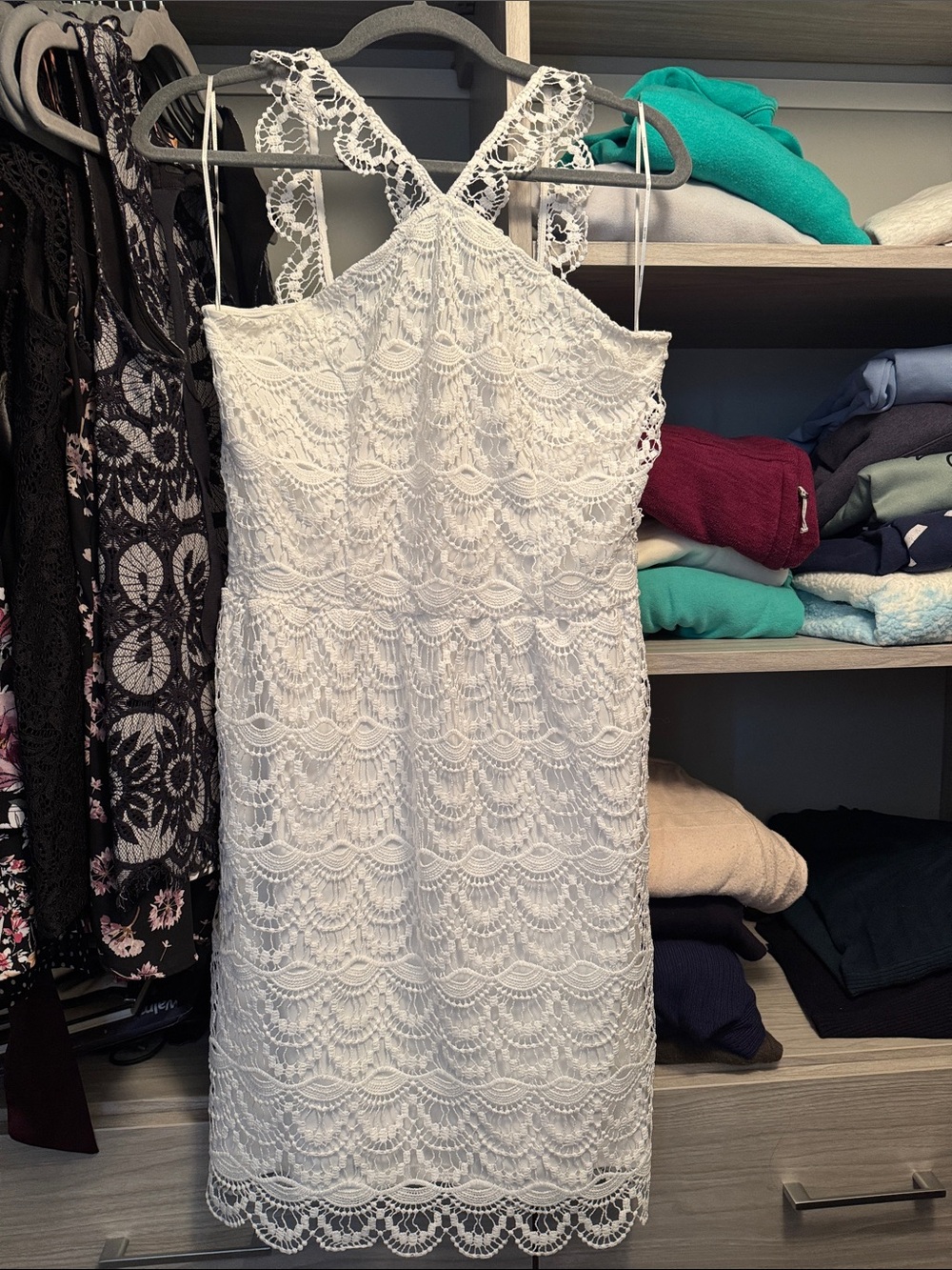 Kensie White Lace Midi Dress with Scalloped Detail